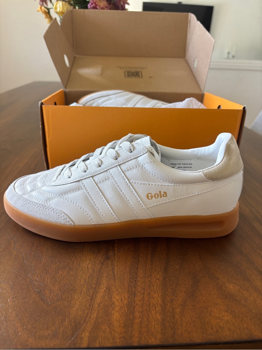 Gola Stadia Leather Sneakers in White with Gold Trim and Gum Sole